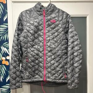 The North Face Gray Puffer Jacket with Pink Accents